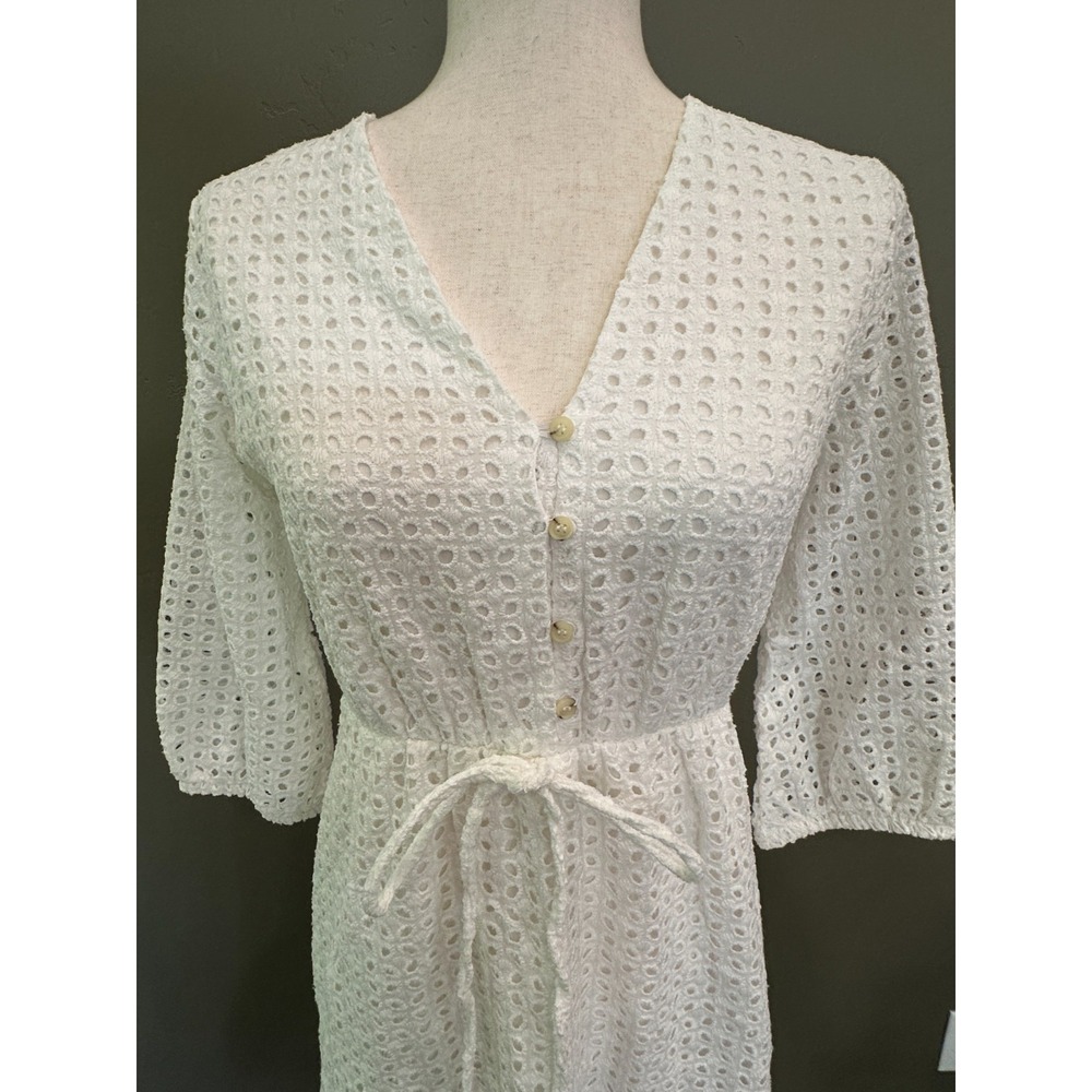 White Bohemian Eyelet Midi Dress Sz Small Western Ruffle Cottagecore Peasant - Picture 4 of 13